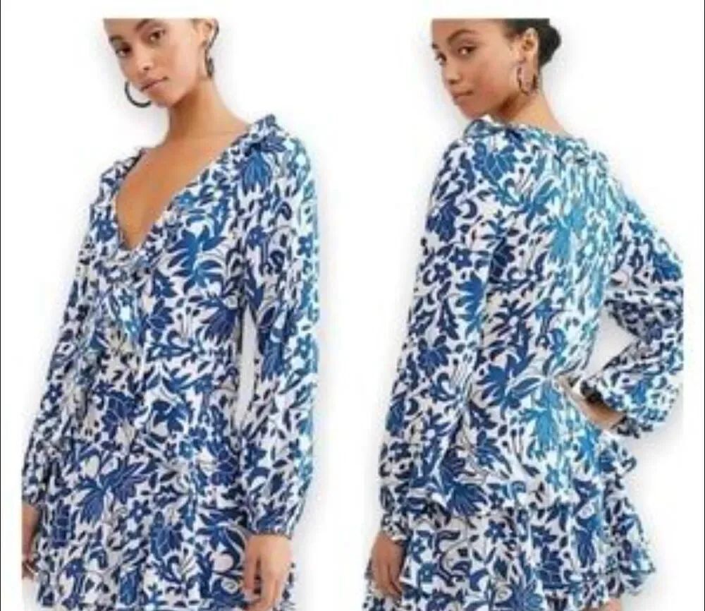 Free People Rebecca Blue Floral Ruffle Mini Dress Boho Tiered Long Sleeve Flirty